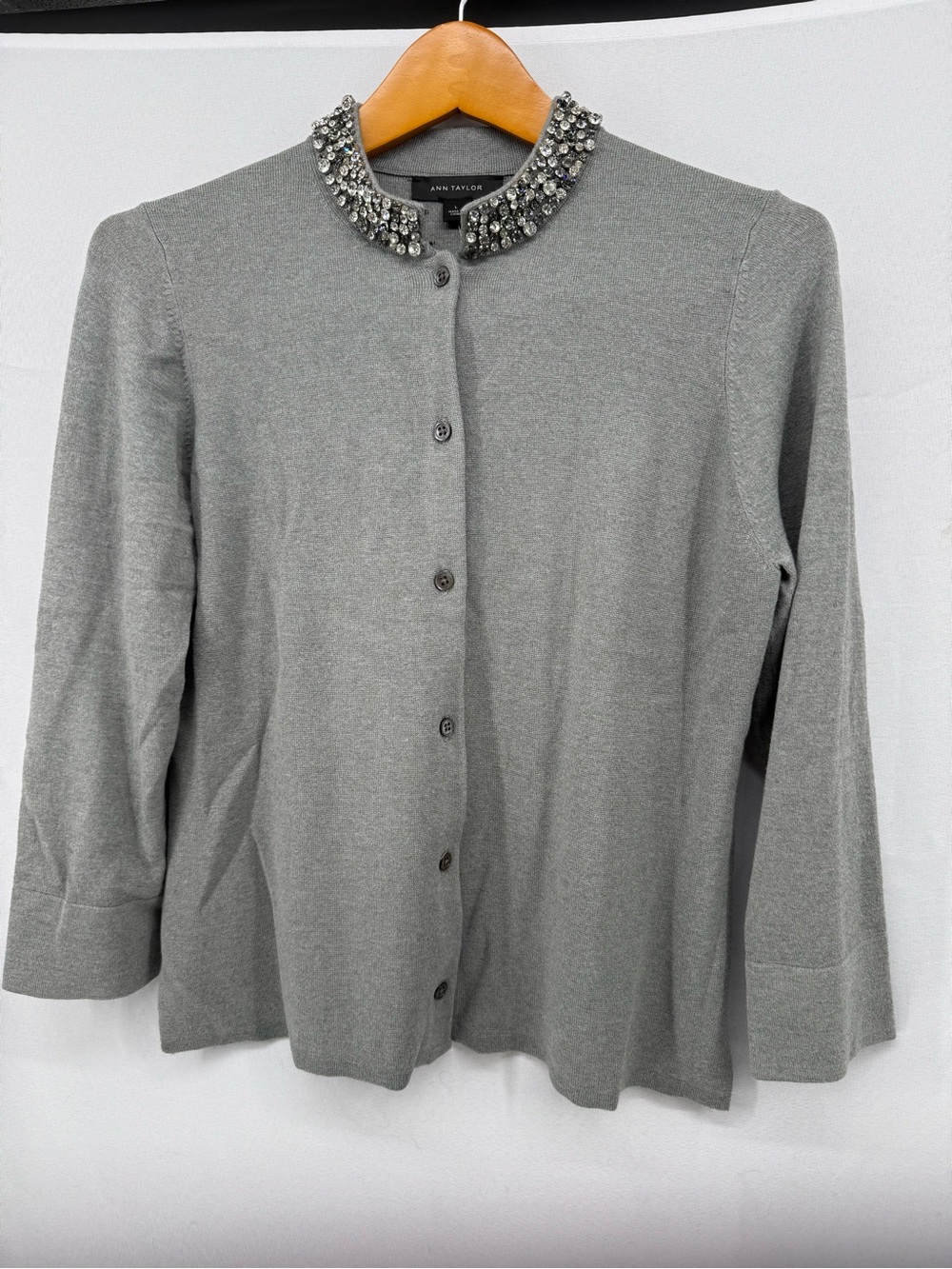 Ann Taylor Embellished Collar Gray Cardigan